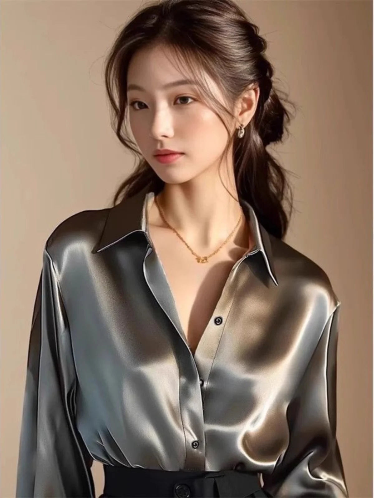Ele Long Sve Satin irt Women's  Collar Versatile Slimming Profional Top for Early Spring Commute Faion