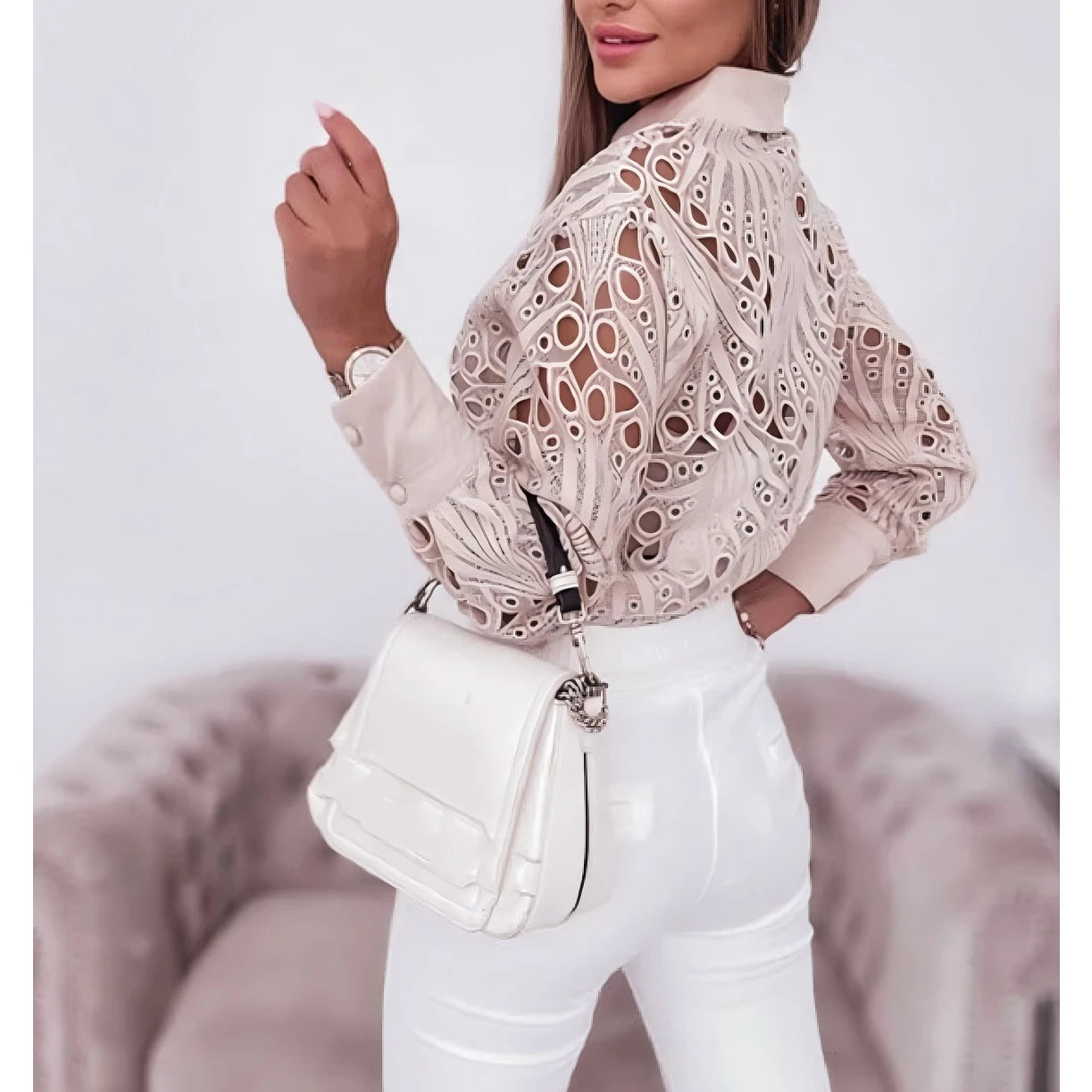 Faionable Long Sve Lace Trim Loose Casual Sle Women's irt Spring Autumn New Arrival Versatile Top Trendy