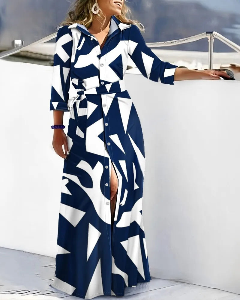 2025 Spring New Fashion Long Sleeved Print Lace-Up Shirt Dress For Women Turn Down Collar Single Breasted Maxi Dress Femme Robe