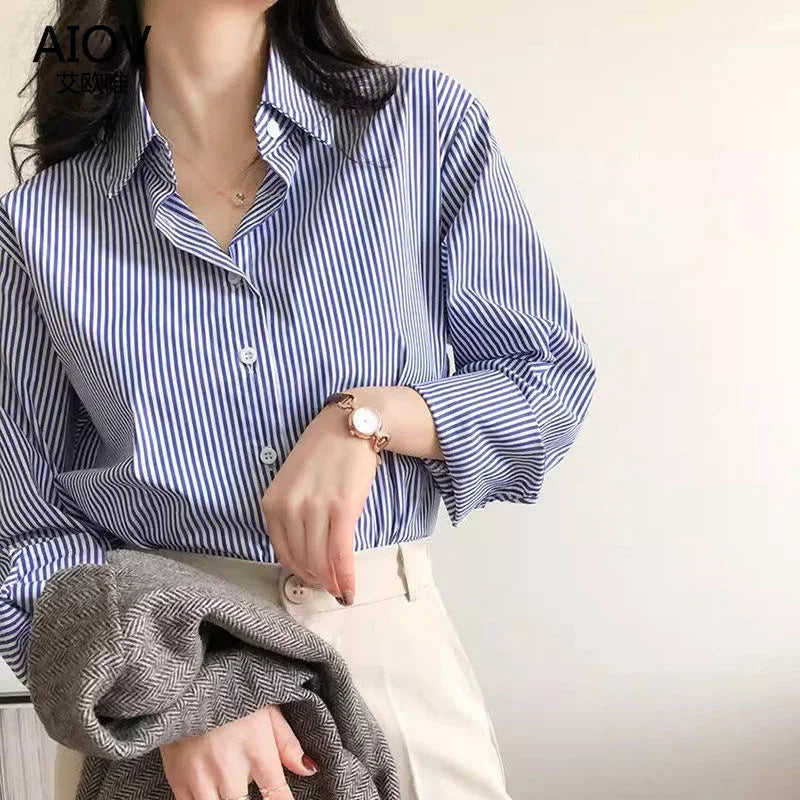 AOSSVIAO 2025 Classic Striped Woman Spring Autumn Blouses Shirt Lady Long Lantern Sleeve Stand Collar Loose Blusas Tops