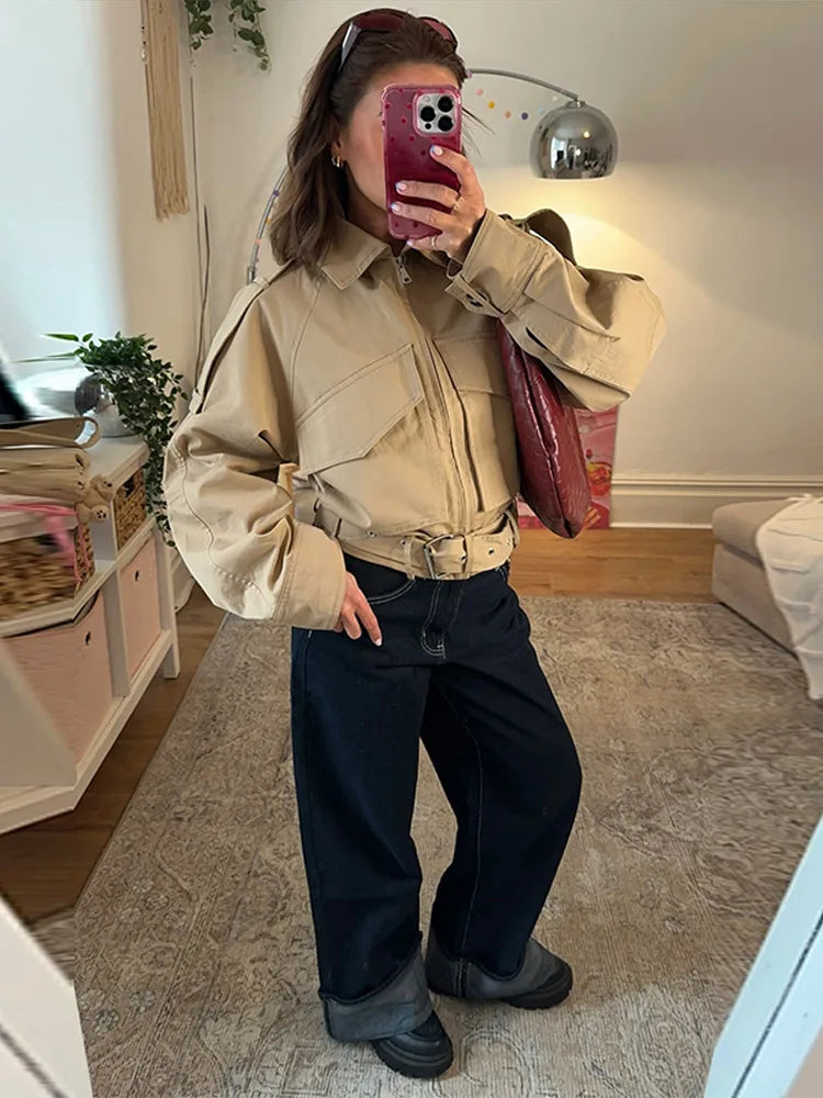 Zipper Lapel Women Coat Full Sleeve Pocket Lady Jacket 2025 Fashion Vintage Elegant All Match Autumn Loose Female Outwear