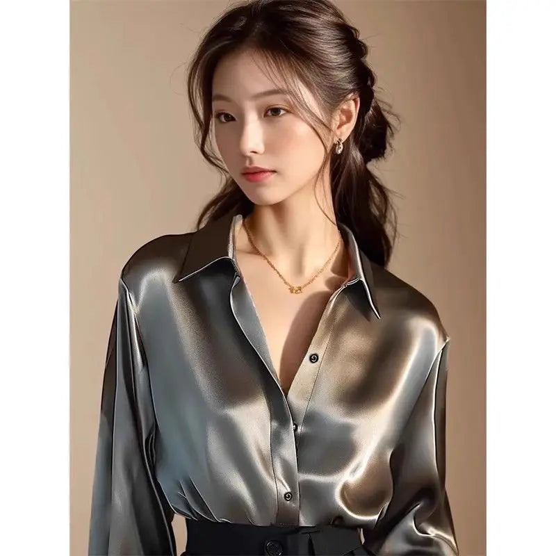 Ele Long Sve Satin irt Women's  Collar Versatile Slimming Profional Top for Early Spring Commute Faion