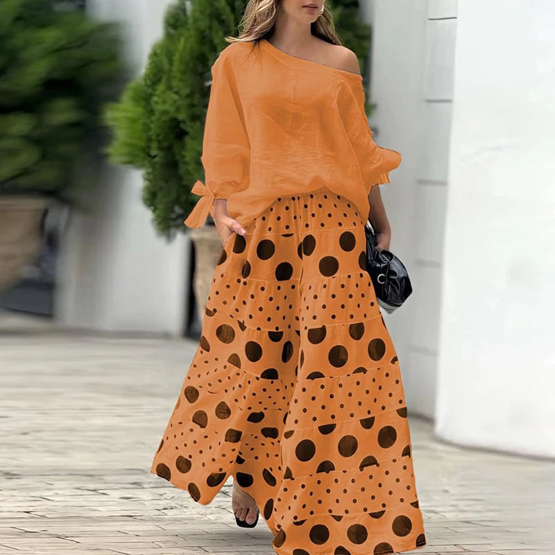 Fashion High Street Outfits Casual Diagonal Neck Hollow Top with Wide Leg Pants Sets Summer Loose Polka Dot Printed Women Suit
