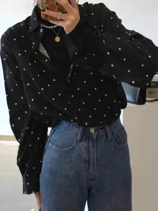 Retro Polka Dot Button up irt Spring 2025 New Hepburn Sle Loose Long Sve Open Cardigan Top Trendy Commute Straight Cut