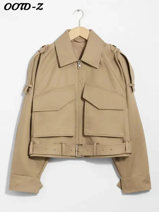 Zipper Lapel Women Coat Full Sleeve Pocket Lady Jacket 2025 Fashion Vintage Elegant All Match Autumn Loose Female Outwear