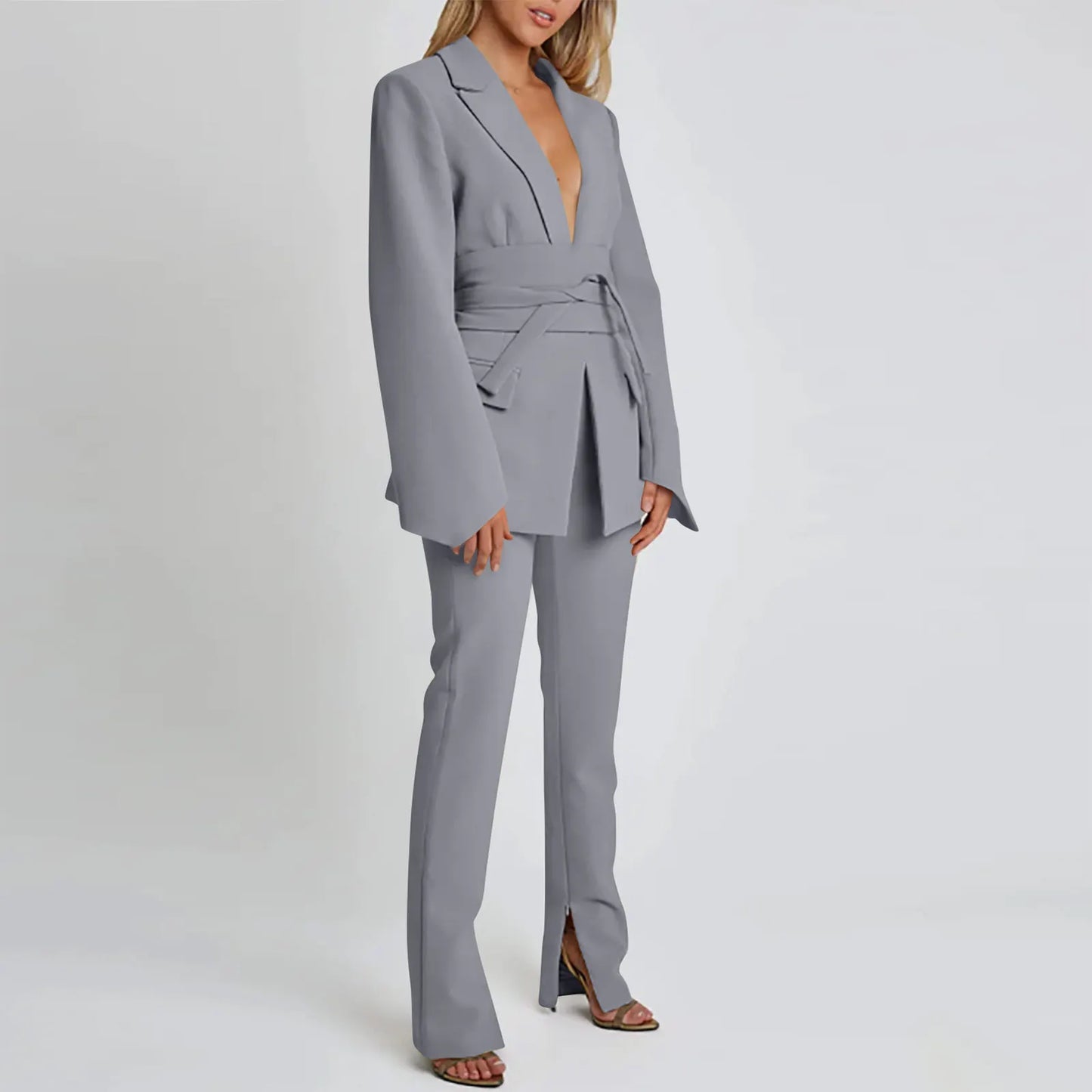 Faionable Casual Women's Suit Spring 2024 Pure Color Belted Street Sle Long Sve Office Wear Tee Button Cuff