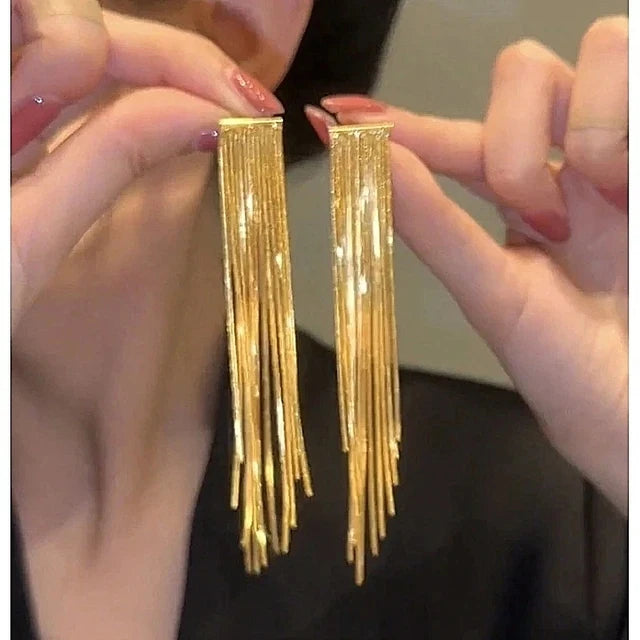 Fashion Statement Gold Color Long Metal Chain Bling Tassel Earrings for Women Wedding Ms Daily Hot Jewelry Pendant Gift